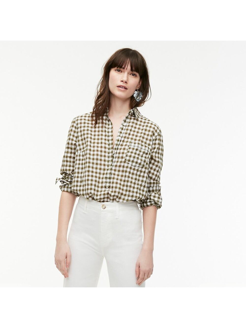 J.Crew Classic Popover Shirt Crinkle Blouse Gingham Olive Green White- Large